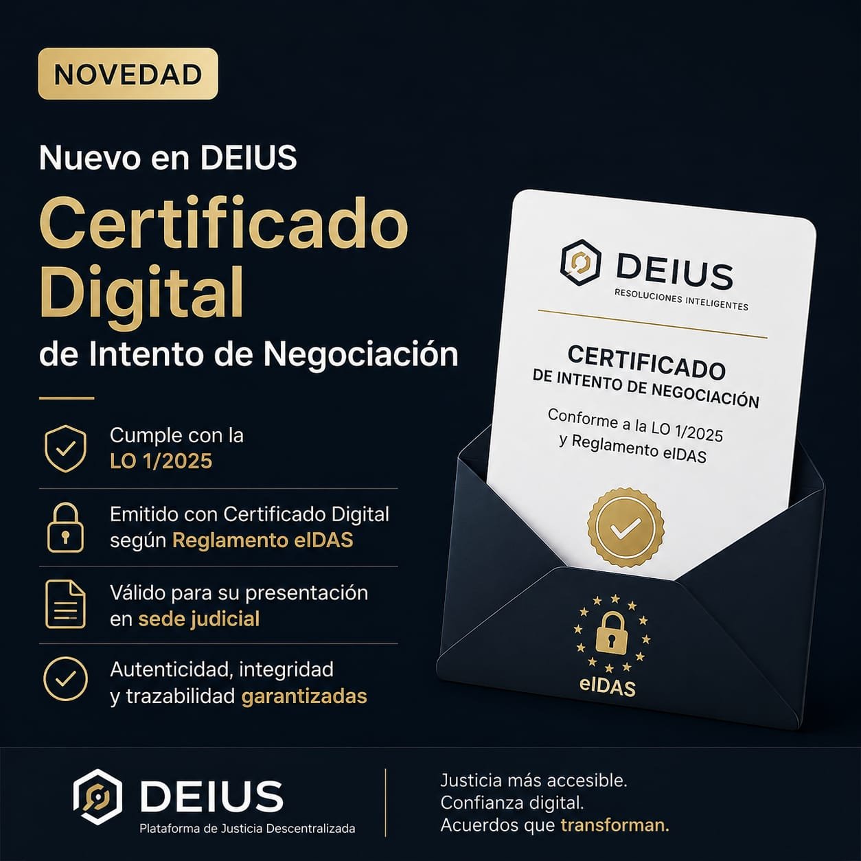 Certificado Digital de Intento de Negociación de DEIUS, conforme a la LO 1/2025 y al Reglamento eIDAS